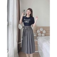 Sét chân váy cotton lạnh xếp ly thắt nơ eo phối áo thun thêu chữ cực kỳ thanh lịch và đáng yêu