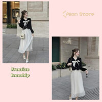 Set chân váy dài phối áo nhung tiểu thư