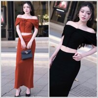 Set Chân Váy Dáng Dài Xẻ Tà Mix Áo Croptop Trễ Vai Tay Ngắn Nhún Phối Dây Cột Nơ Ngực Thun Xương Cá Đi Tiệc Đi Hẹn Hò