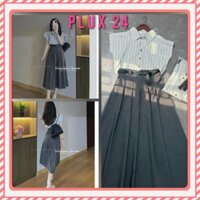 Set Chân Váy Dàng Dài Xếp Ly Kèm Đai Nịt,Áo Lenin Sọc Lịch Lãm Sang Trọng