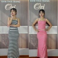 Set chân váy đuôi cá dáng dài mix áo hai dây kẻ sọc chất thun tăm lạnh thích hợp đi tiệc đi chơi H