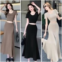 Set Chân Váy Đuôi Cá Dáng Dài Mix Áo Croptop Cổ Tròn Tay Ngắn Xinh Xắn Điệu Đà Chát Thun Ladong Đi Tiệc Đi Làm Đi Chơi