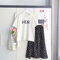 Sét Chân Váy Hoa Nhí Kèm Áo Thun Trắng Cộ Tay Hàng Cao Cấp