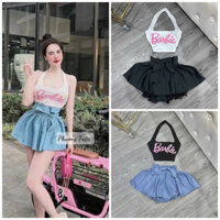 Set chân váy jean nơ xoè + áo croptop cổ yếm barbie - AZ6VA6U