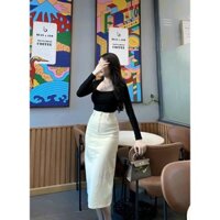 Set chân váy kaki ôm body tôn dáng mix áo tăm lạnh dài tay cổ thuyền thanh lịch, cá tính