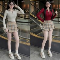 Set Chân Váy KaTê Ngắn Xếp Ly Sọc Caro Mix Áo Thun Gân Tăm Cổ Sơ Mi Tay Dài Phối Viền Năng Động Thích Hợp Diện Mọi Dịp H