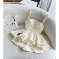 set chân váy kem áo 2 dây kem ren hoa