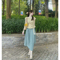 Set chân váy kèm áo khuy thật cột dây eo