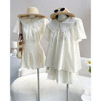 Set chân váy kem áo ren babydoll cổ sen