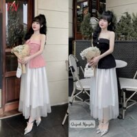 Sét chân váy lưới xếp tầng màu trắng và áo cúp ngực xẻ tà cách điệu màu hồng, đen DP115