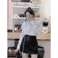 Sét chân váy nữ ngắn kim tuyến phối áo lụa tay dài đính hoa cổ chữ V quyến rũ và sang trọng Luna