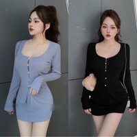 Set chân váy ôm kèm áo kiểu cài nút tay dài chất thun gân