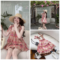 Set chân váy và áo babydoll sọc caro bèo tầng 2 dây thắt nơ kiểu vintage