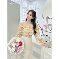 Set chân váy voan dài xòe dập ly kèm áo trể vai bèo 3 tầng có mocking thân và tay áo
