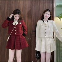 Set chân váy xếp ly có lót quần phối áo cài nút tay dài chất vải Linen kèm khăn cổ thời trang đi chơi dạo phố,