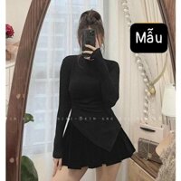 SET CHÂN VÁY XẾP LY PHỐI ÁO THUN LẠNH TAY DÀI VẠT XÉO SIÊU HOT