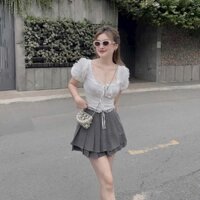 Set chân váy xếp ly phối cùng áo xốp ren cột nơ tay phồng dễ thương