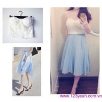 Sét chân váy xòe áo cúp ngực croptop hoa cực đẹp DA936