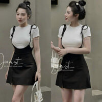 Sét Chân váy Yếm Chữ A Ôm Body Xẻ Ta Đùi Day Cột Phối Áo thun Nữ Fom Vữa Dể Thương