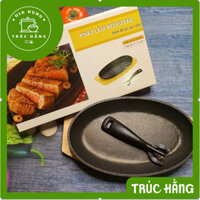 Set Chảo gang chống dính oval DRAGON làm bò né+ đế gỗ+ Gắp Trợ Lực Nóng- Chảo gang bò né, bò beefsteak...