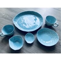 Set chén bát đĩa gốm sứ ăn cơm màu xanh dương bộ 6 món Gốm Bát Tràng thủ công gốm méo trơn dày dặn