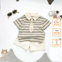 Set cho bé -Áo cộc RÊU NHẠT kẻ ngang phối be túi ngực bo tròn và Quần cộc NÂU túi phối dây của COCANDY mã A7651,Q1852