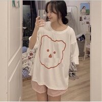 Set Cộc Gấu Short Caro PEONYB Nữ [FREESHIP] 🌸 Bộ quần đùi kẻ sọc kèm áo thun tay lỡ, phông in hình dễ thương Ulzzang 🌸