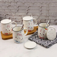 Set cốc sứ kèm thìa inox thỏ hồng - Ly sứ có nắp hình thỏ dễ thương 400ml - Cốc uống nước có quai tặng kèm thìa