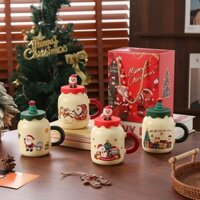 Set Cốc Sứ Ông Già Noel Quà Tặng Giáng Sinh 2025 kèm nắp thìa hoặc ống hút tùy mã