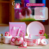 Set Combo Tô Chén Dĩa Muỗng Ly Bằng Sứ Gấu Dâu Chính Hãng-COMBO ĐỒ SỨ