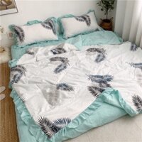 Set Cotton Đũi Bánh Bèo Lá Dương Xỉ Trắng Xanh Bộ Chăn Ga Gối 4 Món