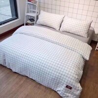 Set Cotton Đũi Muji Kẻ Vuông Trắng Bộ Chăn Ga Gối 4 Món