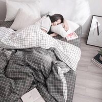 Set Cotton Kẻ Vuông Xám Trắng Bộ Chăn Ga Gối 4 Món