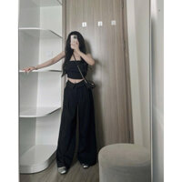 set cotton lạnh hack dáng cho các nàng, set đồ áo cúp ngực croptop mix quần dài ống rộng cực xinh cho nàng đi biển