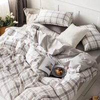 Set Cotton Living Caro Kẻ Trắng Bộ Chăn Ga Gối 4 Món