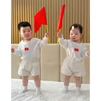 Sét Cotton+ Quần Thô Mềm, Màu Trắng Thêu Lá Cờ Đỏ Sao Vàng Dài Tay Cho BT&BG, Sz 8-16kg