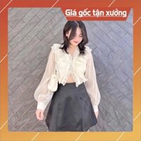 Set crop áo trắng voan bèo + chân váy đen🖤