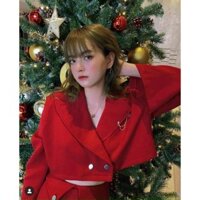 SET CROP ĐỎ CỔ VEST TAY DÀI + CHÂN VÁY NÚT