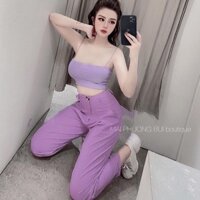 Set crop tím 2 dây và quần Tây baggy ( màu tím)