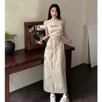 Set croptop dây kéo kèm váy dài suông