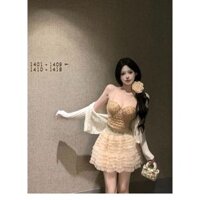 Set croptop đính hạt đá có mút ngực móc áo cài sau cố định vòng một kèm chân váy voan xếp ly có vải lót bên trong
