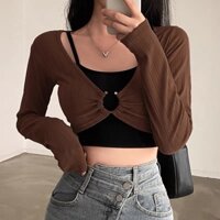 Set croptop hai áo I.LCLOTHING áo hai dây trơn kèm áo croptop tay dài khoen ngực bên layer bên ngoài CR113