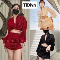 SET CROPTOP LỤA CHÉO DÂY EO TAY DÀI VÀ CHÂN VÁY NGẮN NHÚN CỰC XINH TIDIVN