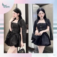 Set dạ 3 món tiểu thư sang chảnh, set đồ nữ gồm áo cúp ngực đuôi tôm + áo khoác lửng dạ ánh kim + chân váy AT90