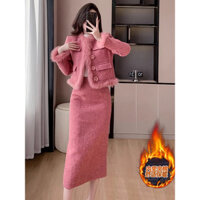Set Dạ Áo Khoác Vest Phối Lông Màu Hồng, Tím A71