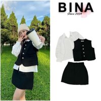 Set dạ đen gile kèm áo somi trắng tay bồng, Bộ dạ gile sát nách và chân váy đen ngắn phối áo somi
