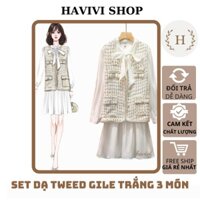 Set Dạ Gile Trắng Kèm Chân Váy Xòe Dài Và Áo Sơ Mi Cổ Nơ Set Dạ Nữ 3 Món Phong Cách Hàn Quốc HAVIVI SHOP