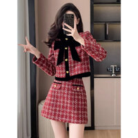 Set dạ nữ tweed tiểu thư sang chảnh màu đỏ chân váy ngắn áo khoác tay dài, set bộ váy nữ / đầm nữ đi ăn tiệc cưới.