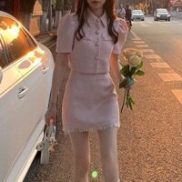 Set dạ stewd áo crotop tay phồng + chân váy chữ A màu hồng oder taobao