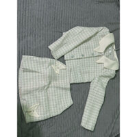 Set dạ tweed màu be chân váy đính nơ